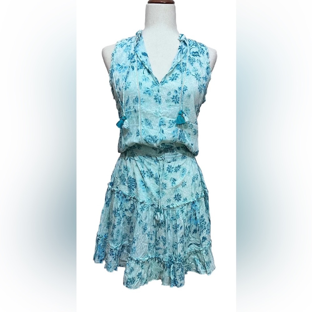 Poupette St Barth Dress Womens Size Small Aqua Teal Blue Floral Tassels